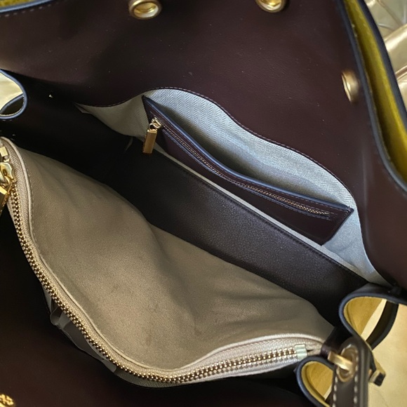 LARGE Tory Burch Lee Radziwill Double Bag Leather Suede Navy Yellow NO STRAP! - Picture 14 of 16